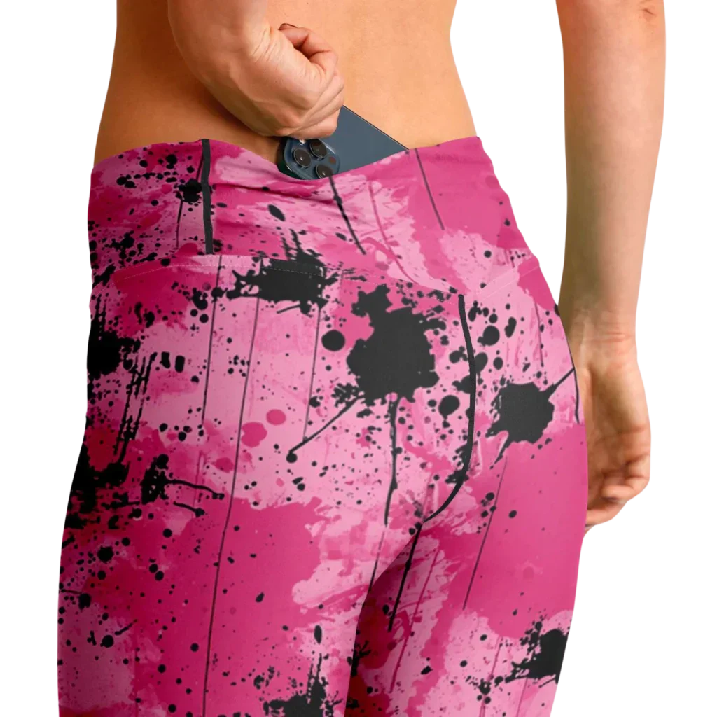 Pink Flare Leggings With Watercolor Ink Splatter Print