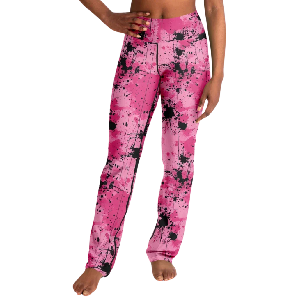 Pink Flare Leggings With Watercolor Ink Splatter Print