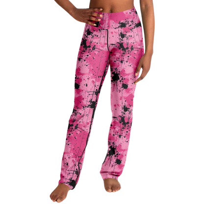 Pink Flare Leggings With Watercolor Ink Splatter Print