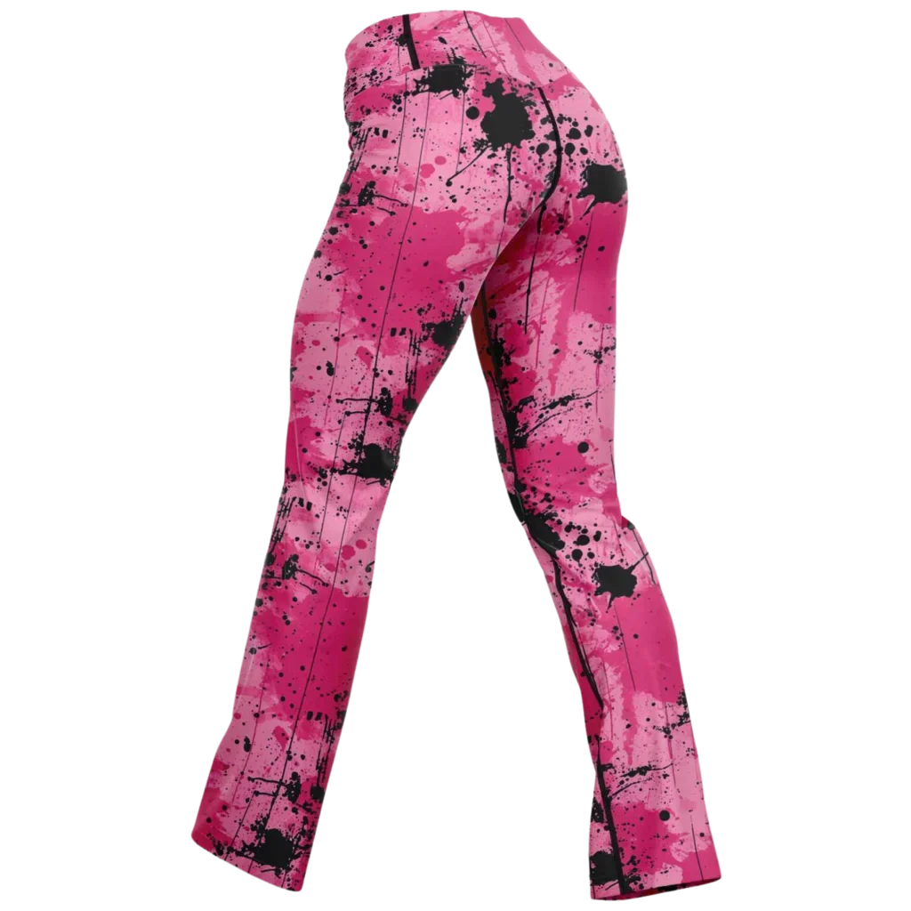 Pink Flare Leggings With Watercolor Ink Splatter Print