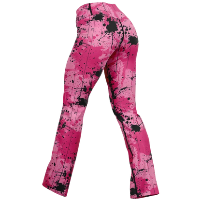 Pink Flare Leggings With Watercolor Ink Splatter Print