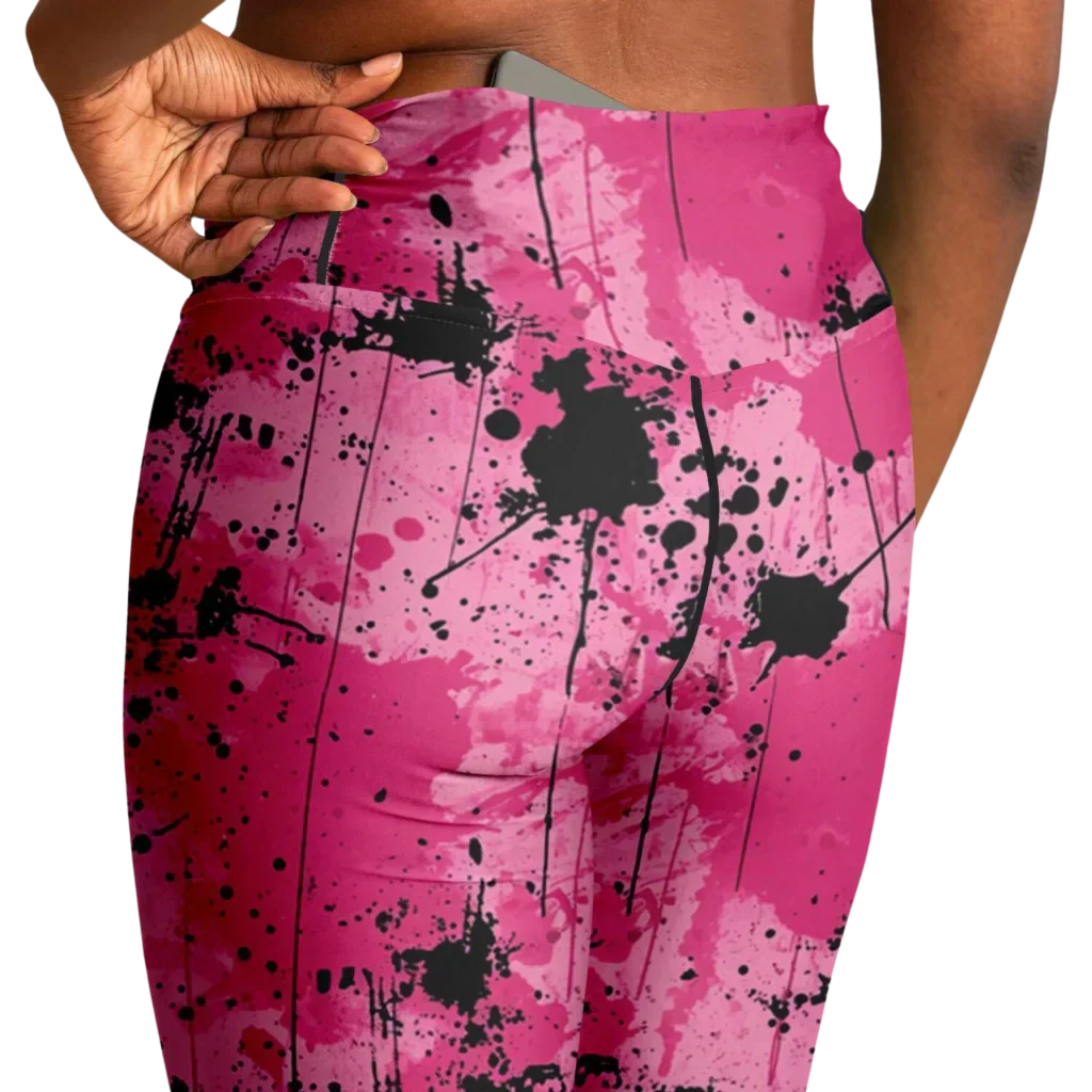Pink Flare Leggings With Watercolor Ink Splatter Print
