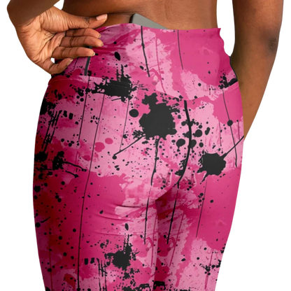 Pink Flare Leggings With Watercolor Ink Splatter Print