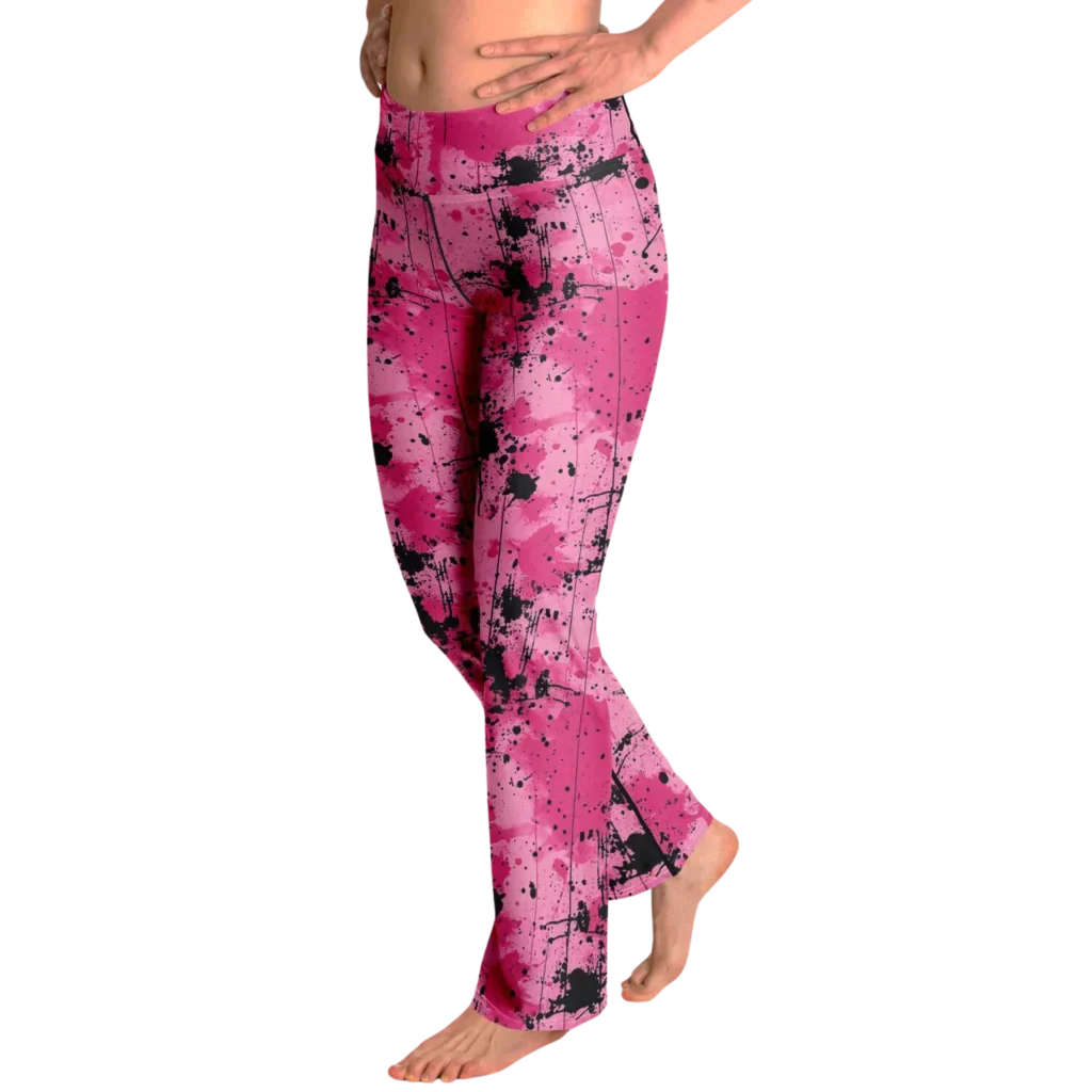 Pink Flare Leggings With Watercolor Ink Splatter Print