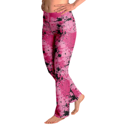 Pink Flare Leggings With Watercolor Ink Splatter Print