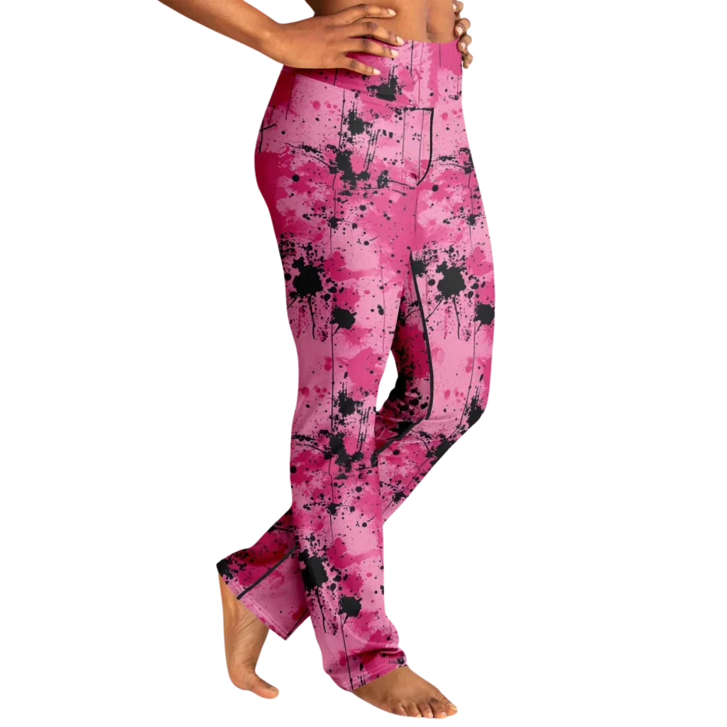 Pink Flare Leggings With Watercolor Ink Splatter Print