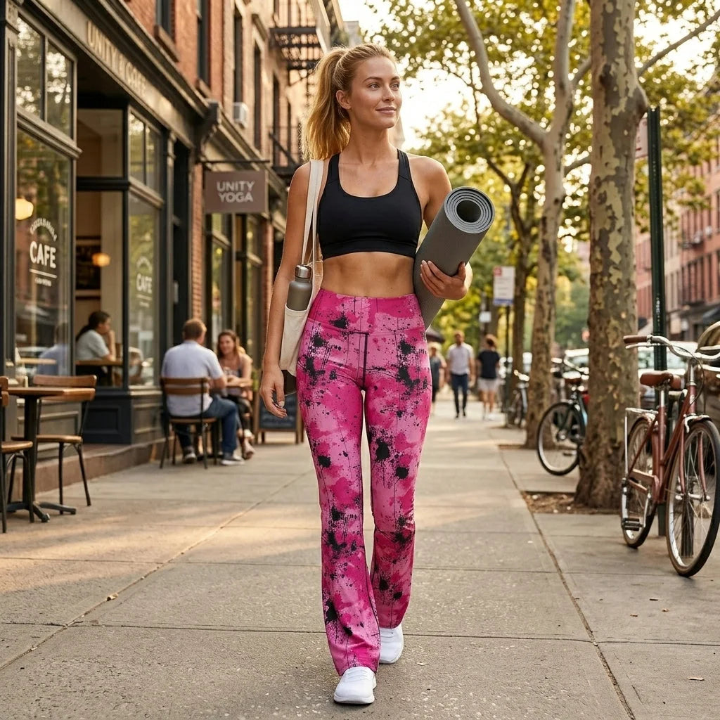 Pink Flare Leggings With Watercolor Ink Splatter Print