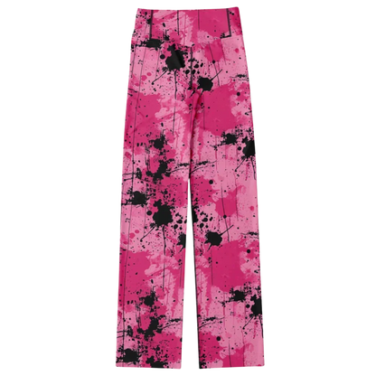 Pink Flare Leggings With Watercolor Ink Splatter Print