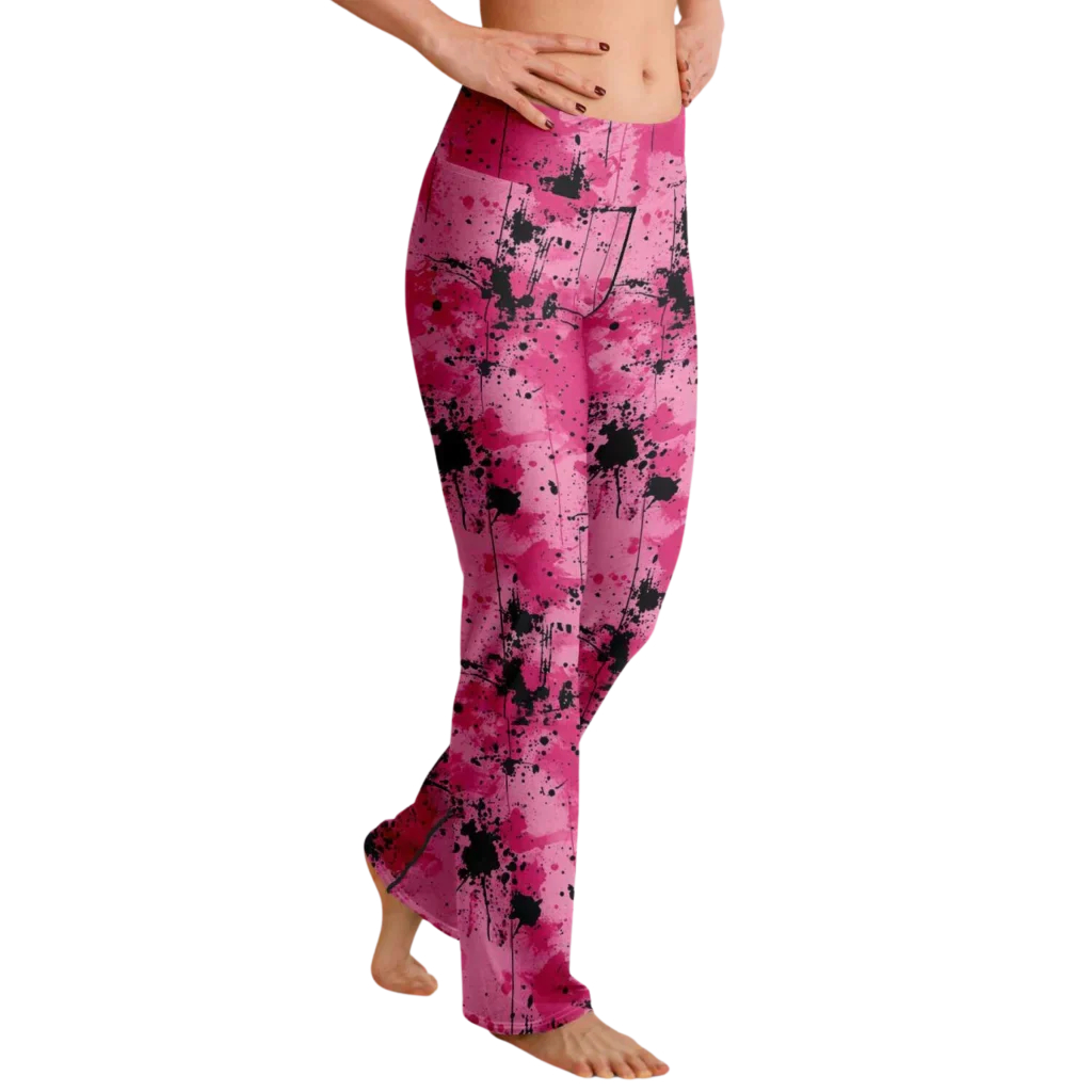 Pink Flare Leggings With Watercolor Ink Splatter Print