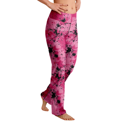 Pink Flare Leggings With Watercolor Ink Splatter Print