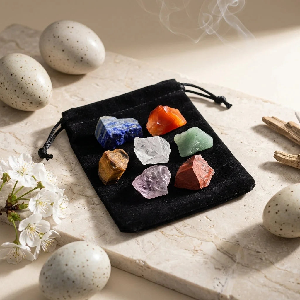 Polished Rocks Chakra Set With Crystal Energy Tools - 7 Chakra Color