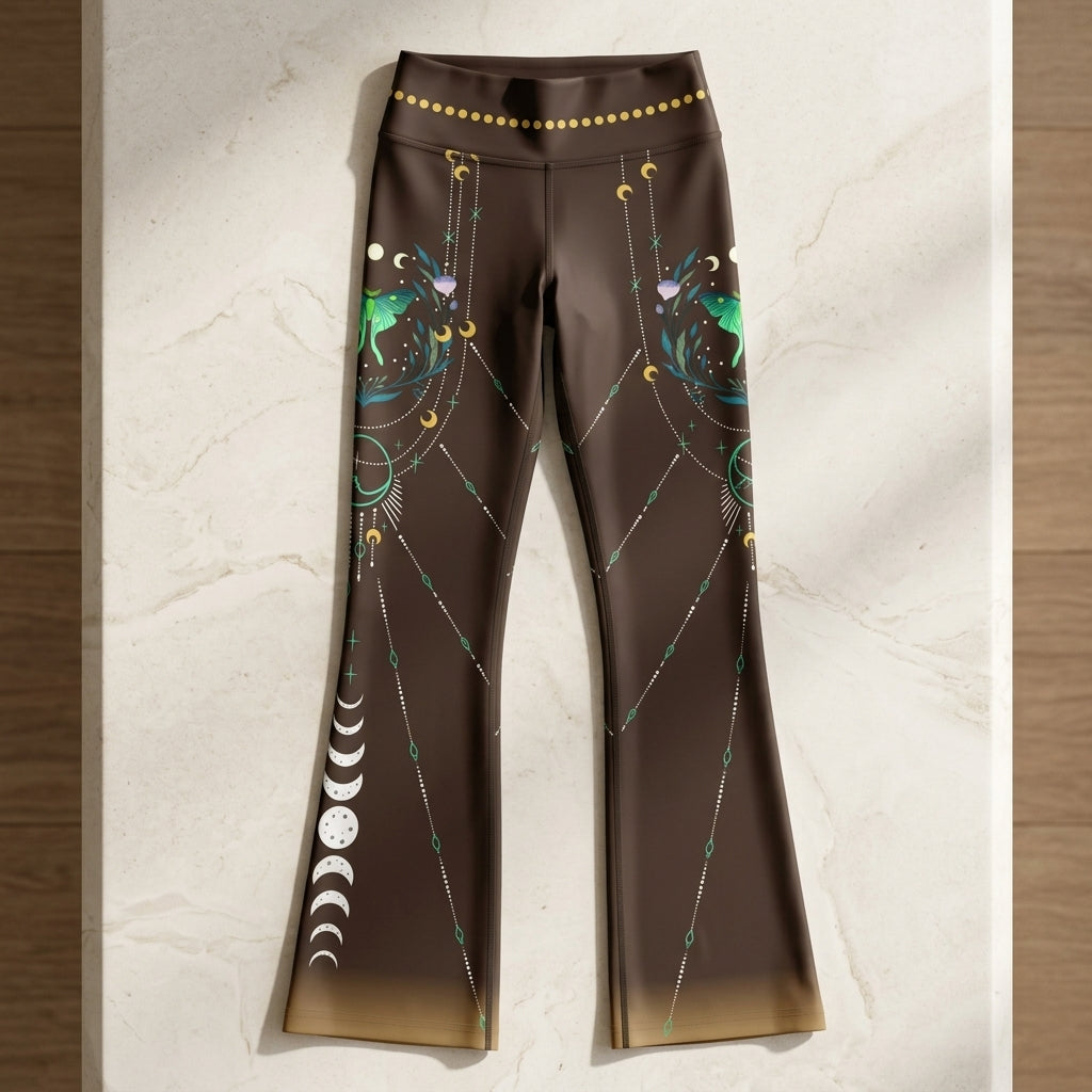 Luna Moth Brown Flare Leggings With Moon Phases