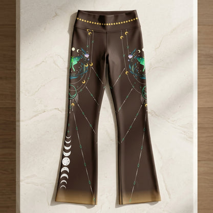 Luna Moth Brown Flare Leggings With Moon Phases