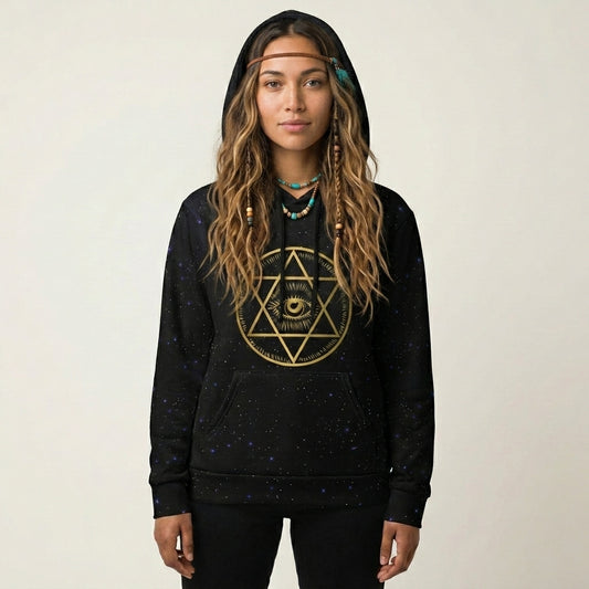 Black Hoodie Unisex With Sacred Star And Chakra Symbols