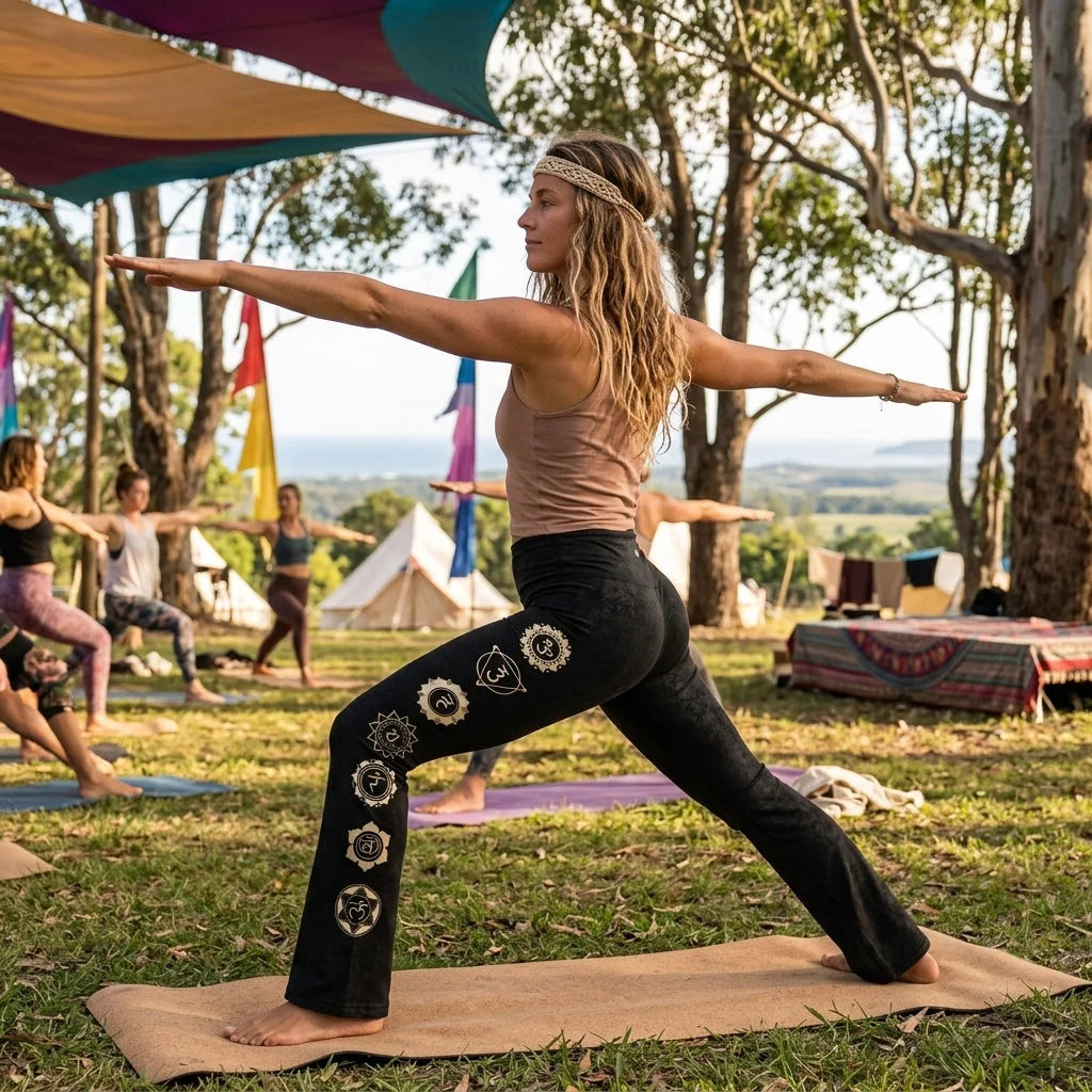 Sacred Symbols Flared Yoga Pants In Star Sky Black