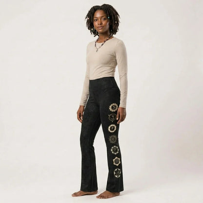 Sacred Symbols Flared Yoga Pants In Star Sky Black