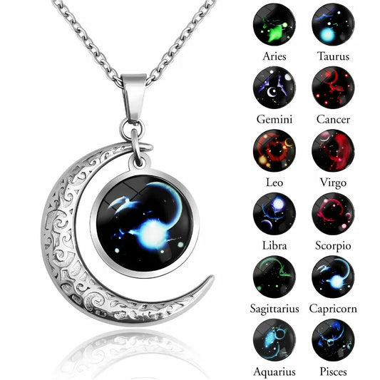Silver Pendant Necklace With Celestial Zodiac Glow