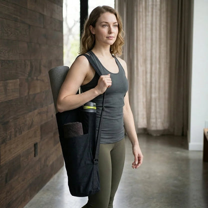 Spacious Yoga Mat Tote Bag With Multi Pockets - Black