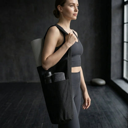 Spacious Yoga Mat Tote Bag With Multi Pockets - Black