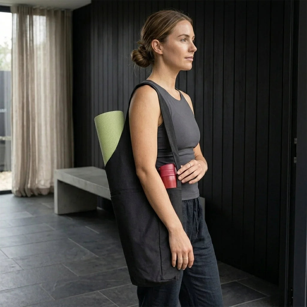 Spacious Yoga Mat Tote Bag With Multi Pockets - Black