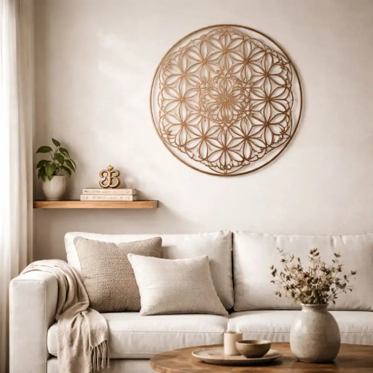 Minimalist living room with copper mandala wall art above linen sofa and brass Om decor on wooden shelf