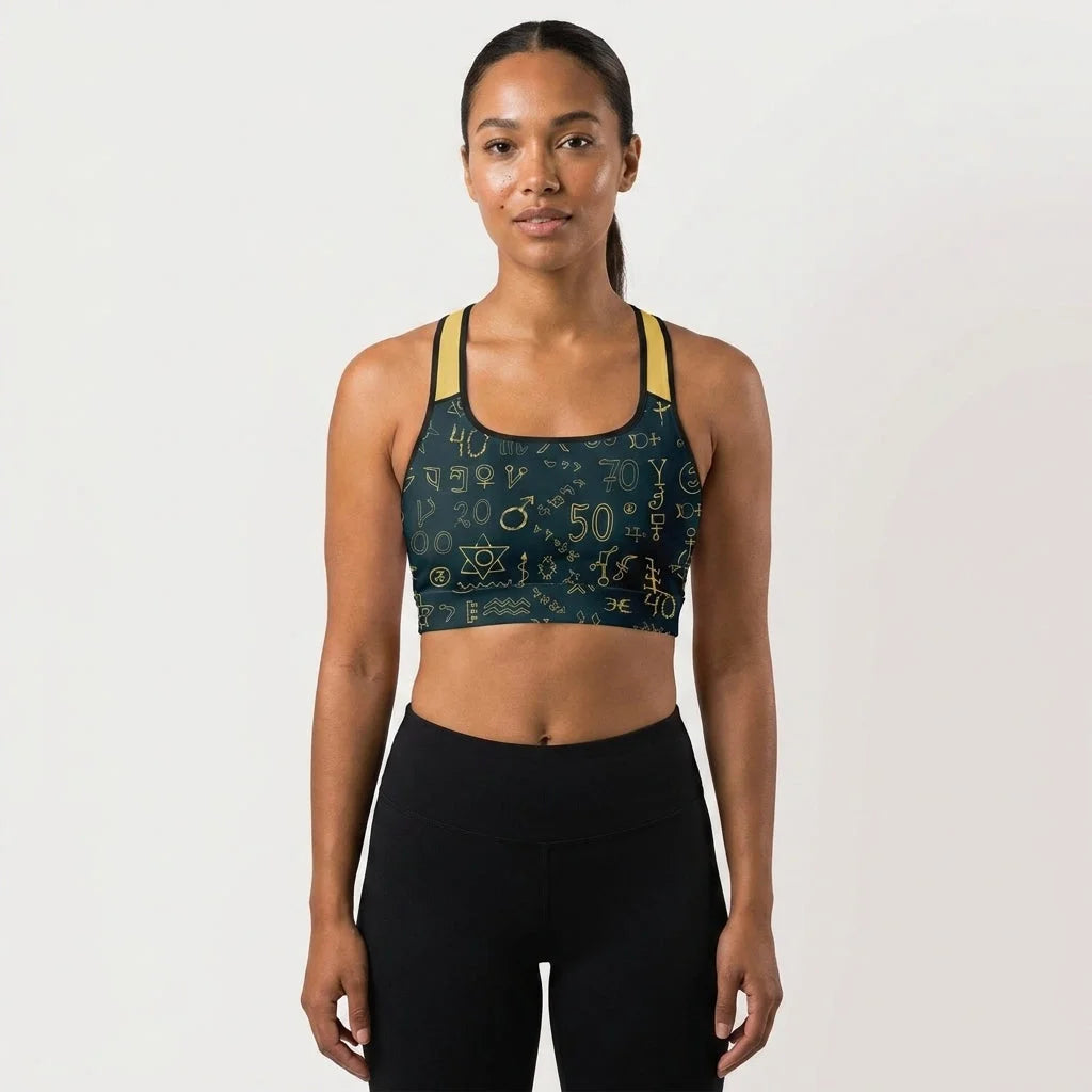 Sport Bra For Yoga With Golden Mystic Symbols