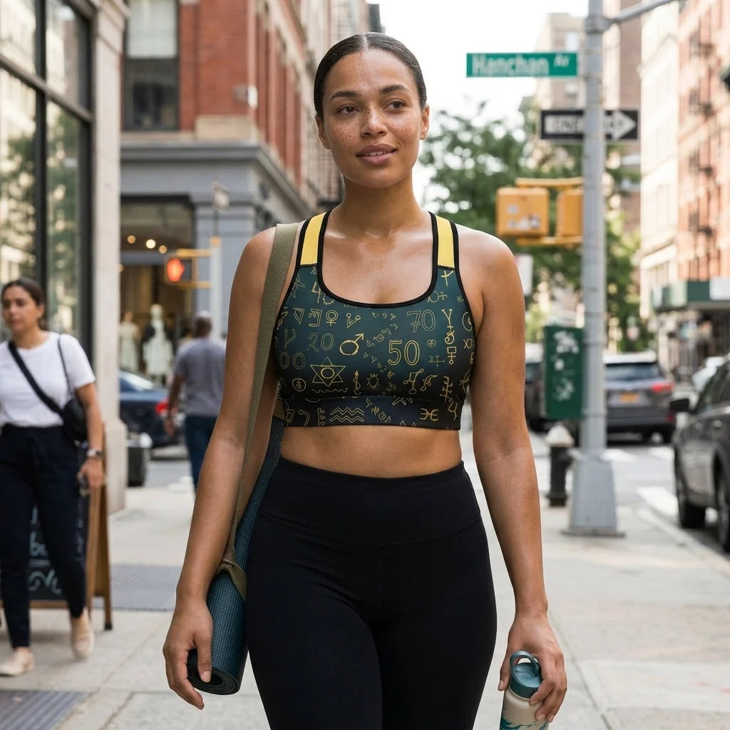 Sport Bra For Yoga With Golden Mystic Symbols