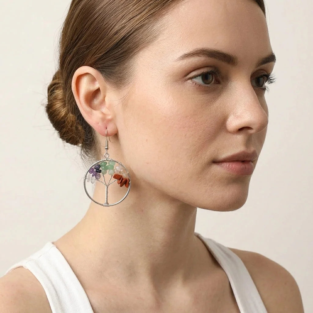 Tree Of Life Boho Hippie Earrings With Natural Stones