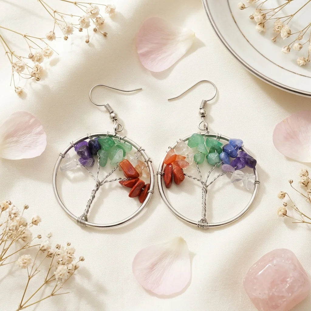 Tree Of Life Boho Hippie Earrings With Natural Stones
