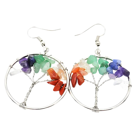 Tree Of Life Boho Hippie Earrings With Natural Stones - Colorful