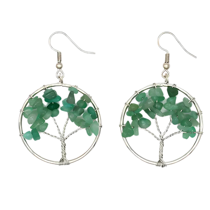 Tree Of Life Boho Hippie Earrings With Natural Stones - Green