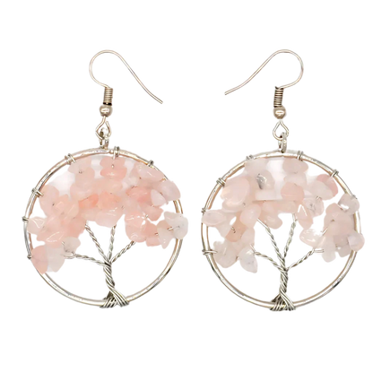 Tree Of Life Boho Hippie Earrings With Natural Stones - Pink