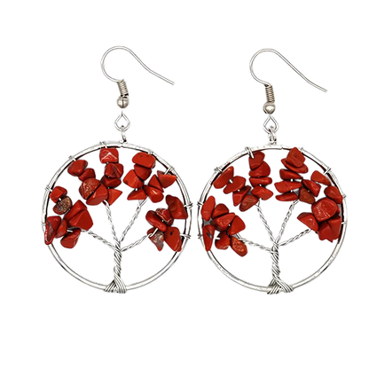 Tree Of Life Boho Hippie Earrings With Natural Stones - Red