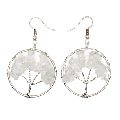 Tree Of Life Boho Hippie Earrings With Natural Stones - White