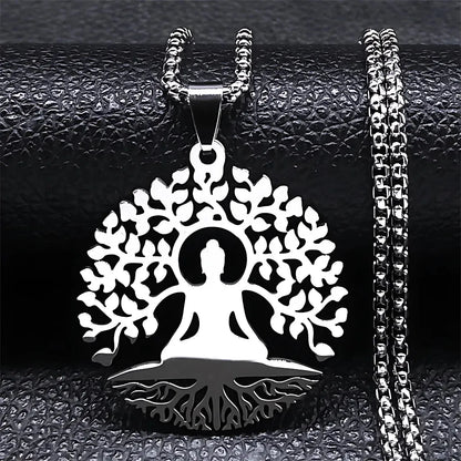 Tree Of Life Pendant With Buddha And Sacred Geometry - Silver 60cm