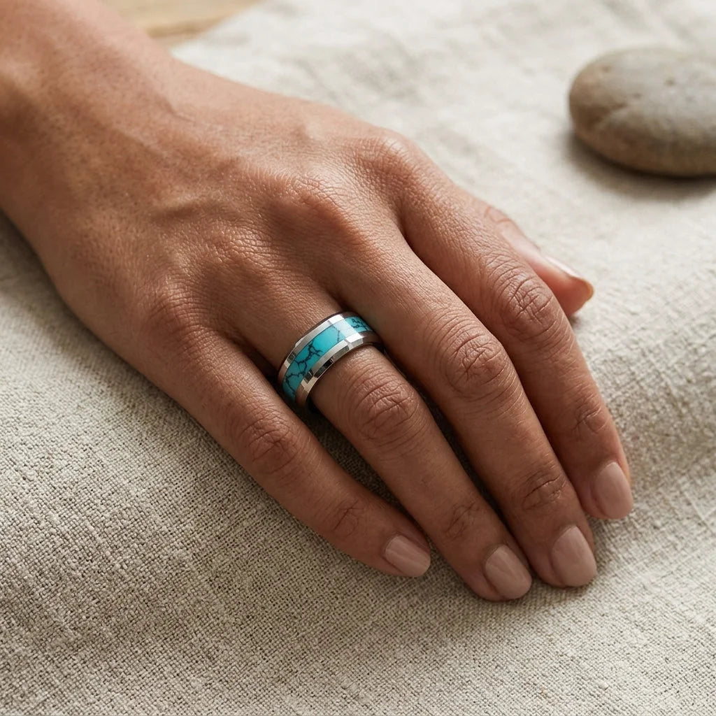 Tungsten Carbide Ring With Blue Stone Inlay