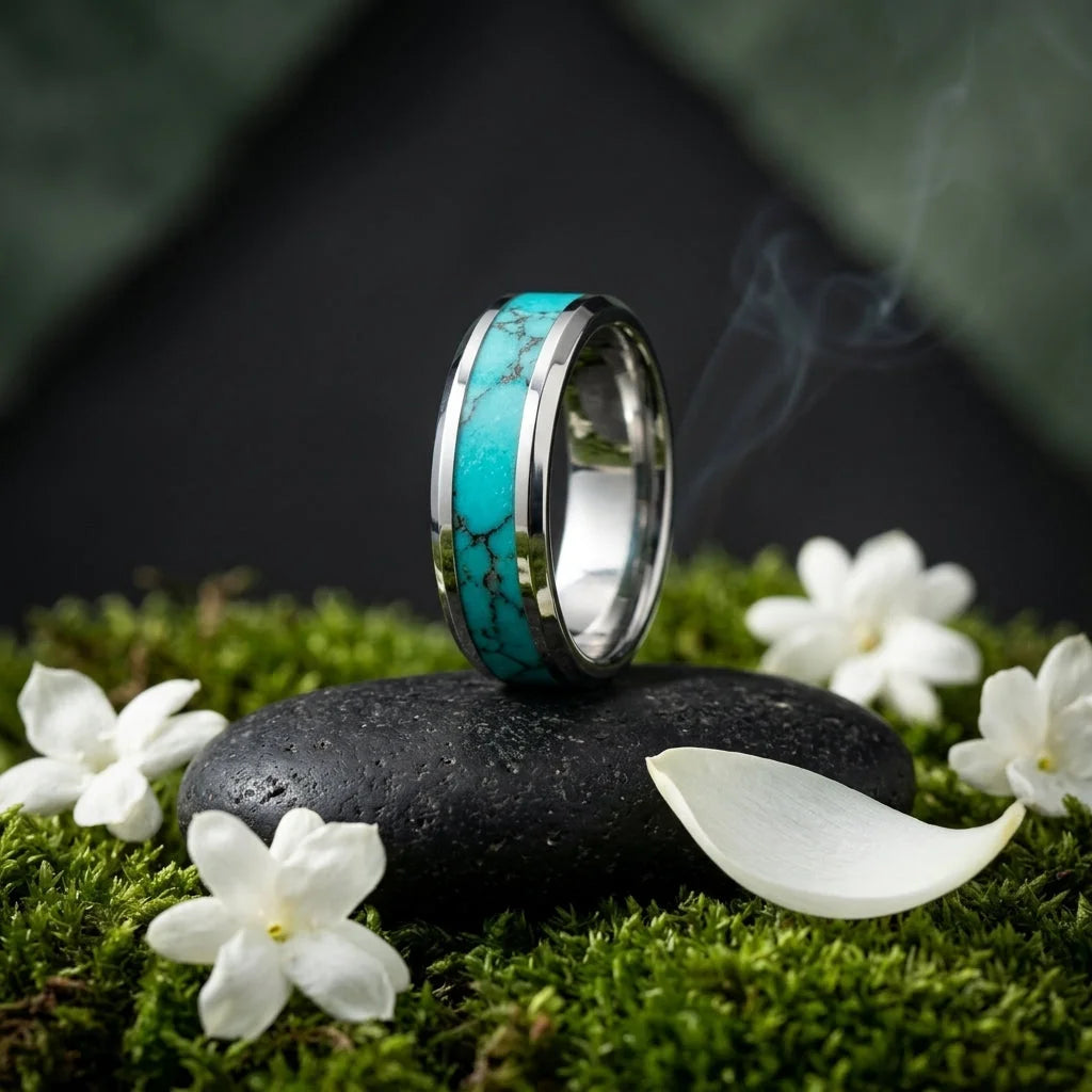 Tungsten Carbide Ring With Blue Stone Inlay