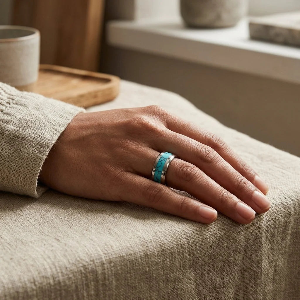 Tungsten Carbide Ring With Blue Stone Inlay