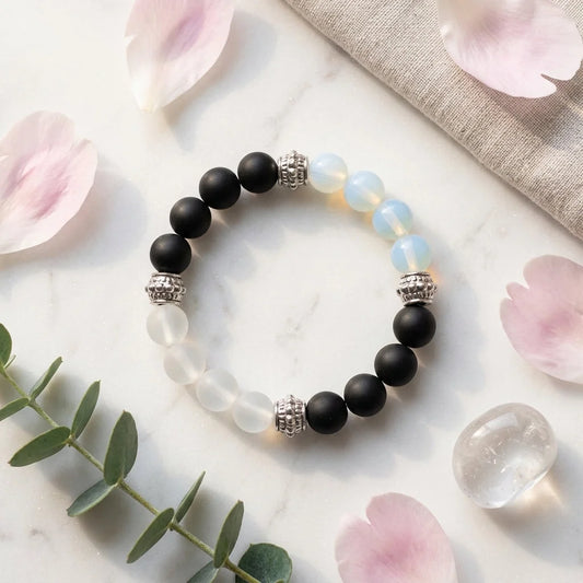 White Agate Bracelet With Mixed Bead Design - White Black
