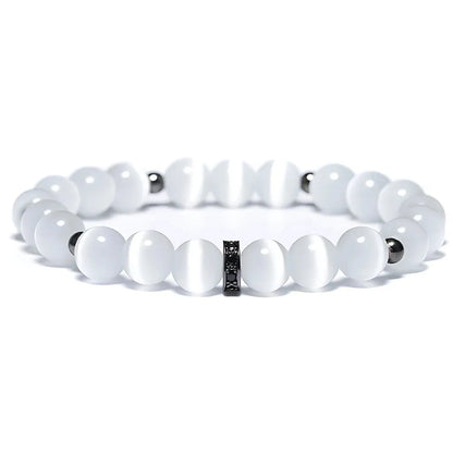 White Beads Bracelet With Natural Stone Detail - Black