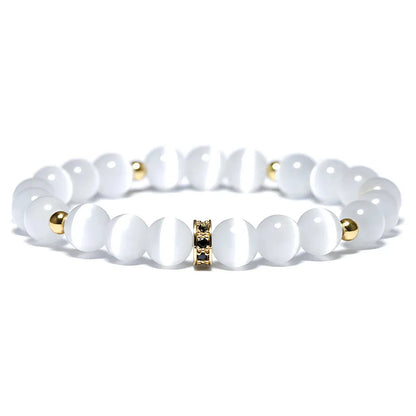 White Beads Bracelet With Natural Stone Detail - Gold