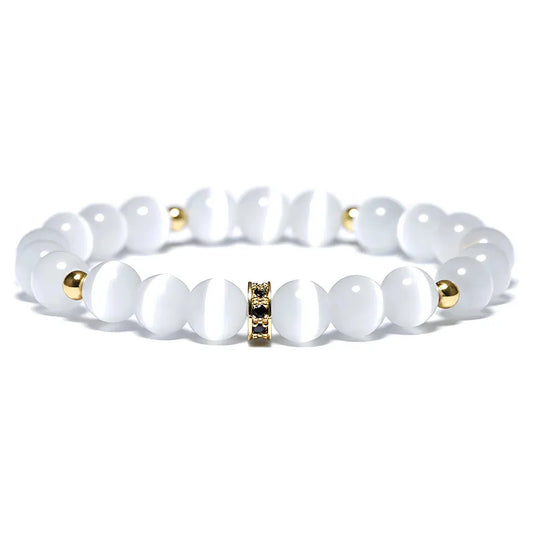 White Beads Bracelet With Natural Stone Detail - Gold