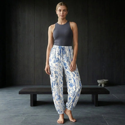 White Harem Pants With Toile De Jouy Floral Print