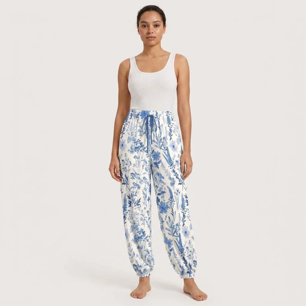 White Harem Pants With Toile De Jouy Floral Print