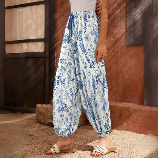White Harem Pants With Toile De Jouy Floral Print - XS