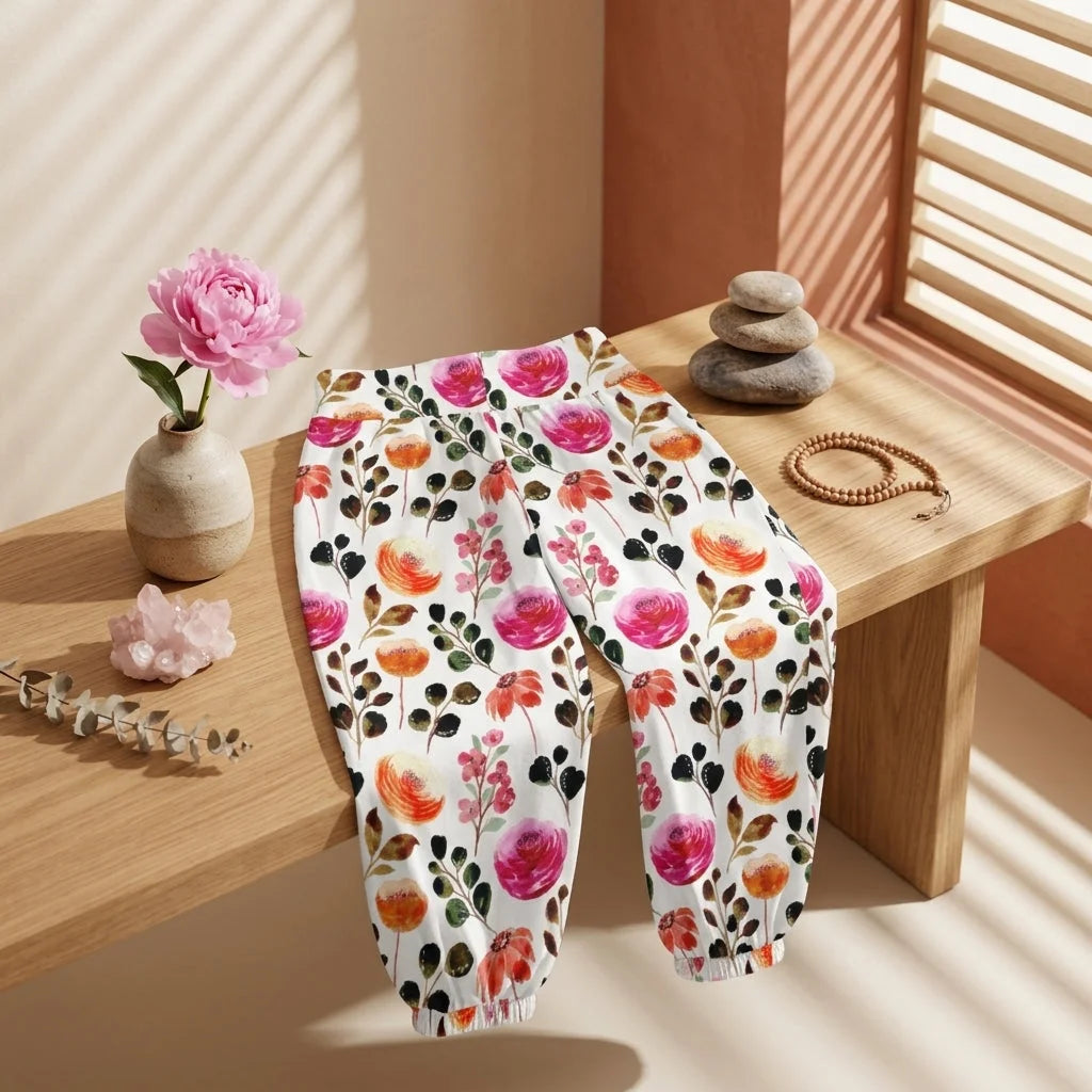 White Harem Pants Women With Watercolor Floral Print