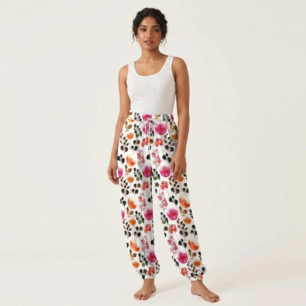 White Harem Pants Women With Watercolor Floral Print