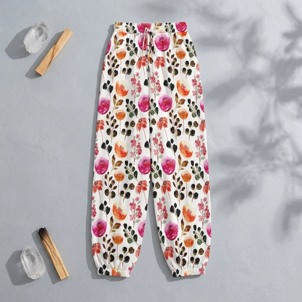 White Harem Pants Women With Watercolor Floral Print