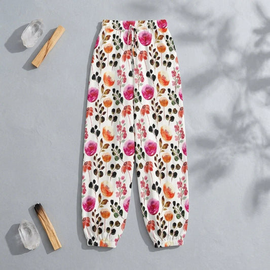 White Harem Pants Women With Watercolor Floral Print
