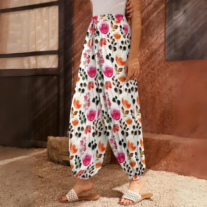 White Harem Pants Women With Watercolor Floral Print - XS